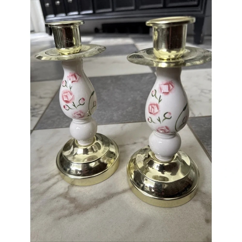 NEW Vintage Home Interiors Gold Ceramic Pink Rose Candlestick Holders Set 2